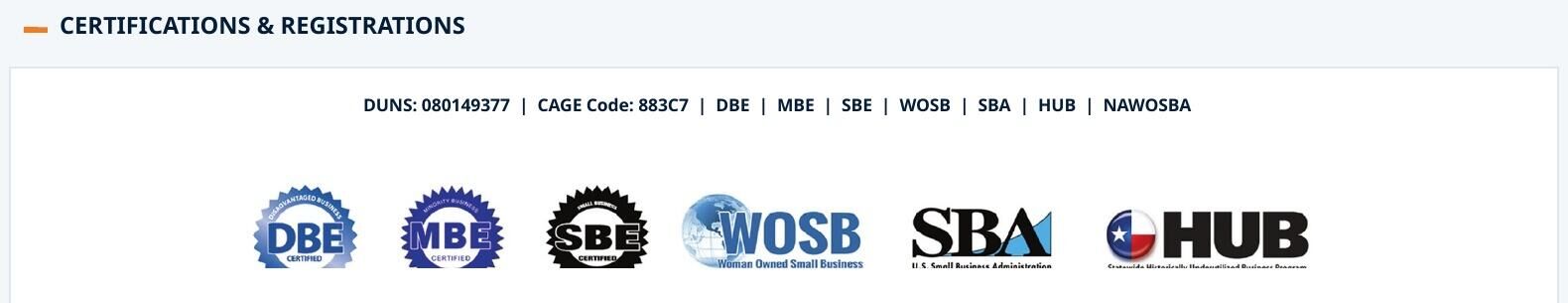 DBE MBE SBE WOSB SBA and HUB certifications